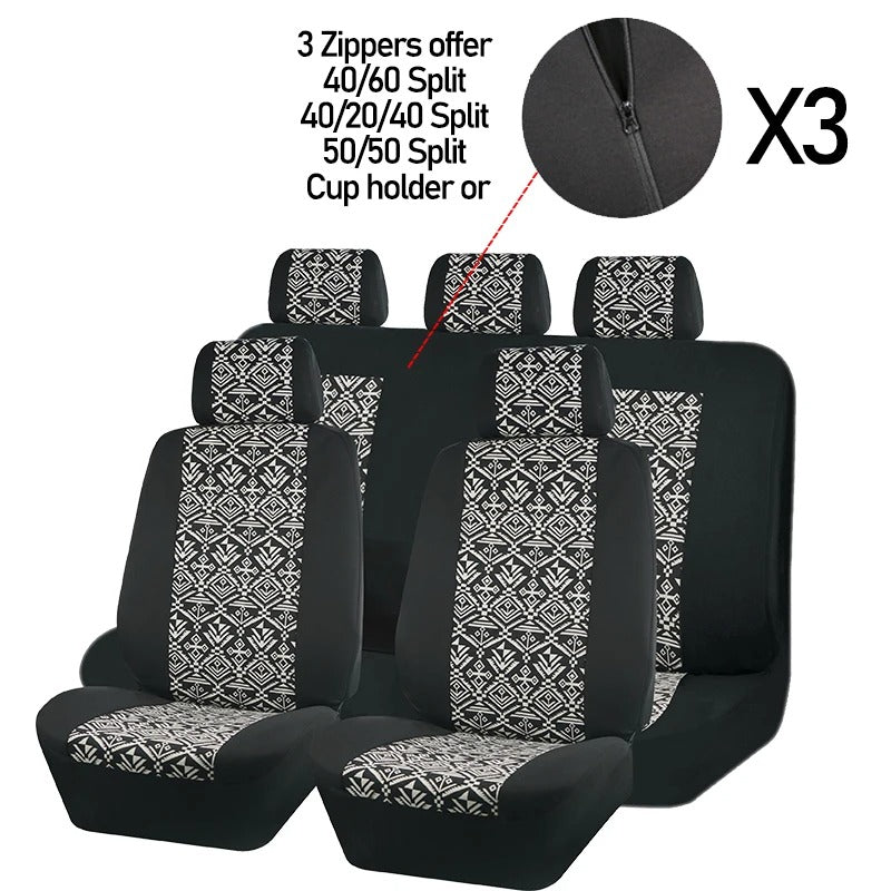 Universal 9-Piece Car Seat Covers – Polyester Fabric with 3-Zipper Design for Cars, SUVs, Trucks & Vans - Delicate Leather