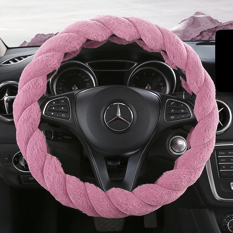 Plush Winter Steering Wheel Cover Universal – Cute Decorative Non-Slip Handle Cover for Car Interior - Delicate Leather  
