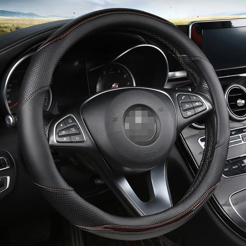 Four-Season Carbon Fiber Splicing Car Steering Wheel Cover – Universal Fit for 36–38/40 cm Wheels, Anti-Slip & Durable - Delicate Leather  