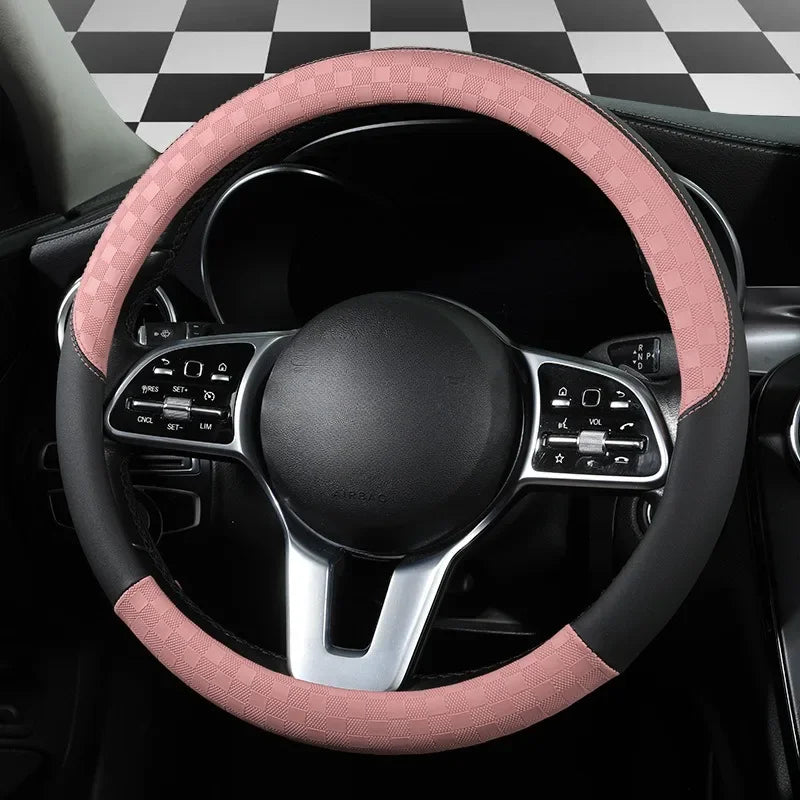 Microfiber Leather Steering Wheel Cover – 15-Inch Universal Fit, Anti-Slip Rubber Grip, Checkered Flag Design, All-Season Comfort - Delicate Leather  