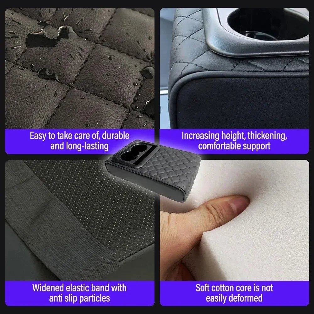 Car Center Console Armrest Cushion with Dual Cup Holders – PU Leather Armrest Height Pad - Delicate Leather  
