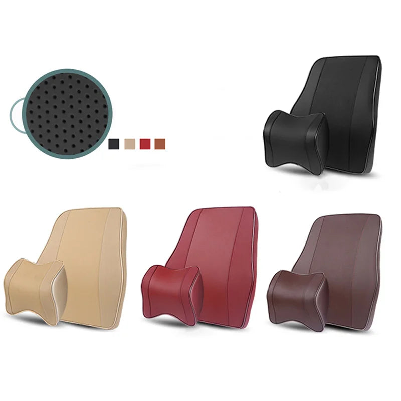 Universal Breathable Memory Foam Car Headrest Pillow – Neck Support Cushion & Lumbar Guard for Comfortable Driving - Delicate Leather  
