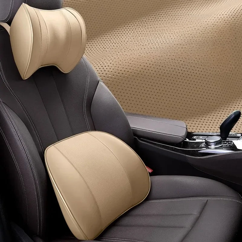 Ventilated Memory Foam Car Neck & Lumbar Pillow – Slow Rebound, Universal Seat Support - Delicate Leather  