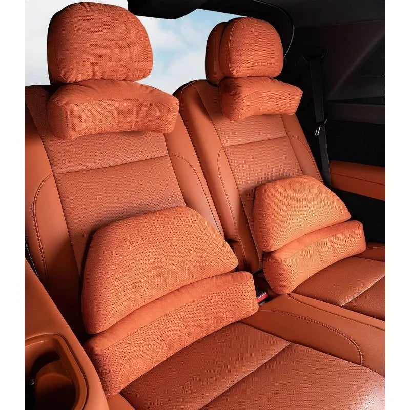 Suede Car Headrest and Lumbar Pillow Set – Universal Neck and Waist Support Cushions for Car Seats - Delicate Leather  