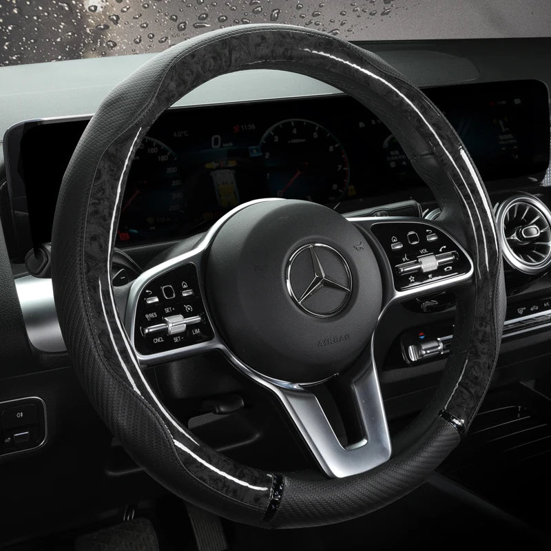 Anti-Slip Leather Steering Wheel Cover – Universal 38cm O/D Shape Protective Wheel Grip - Delicate Leather  