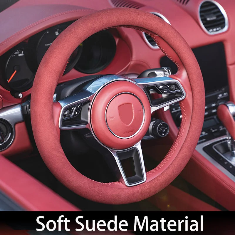 Car Steering Wheel Cover - Suede Steering Protector for Auto Interior Decoration - Universal Fit for 38cm Steering Wheel - Delicate Leather  