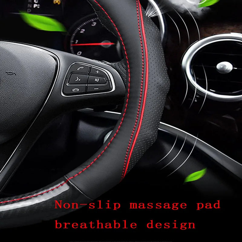 Leather Carbon Fiber Car Steering Wheel Cover – 38cm Non-Slip, Breathable, All-Season - Delicate Leather  