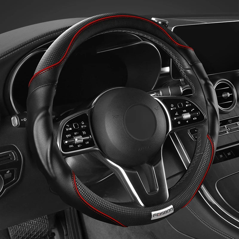 Premium 3D Sport Car Steering Wheel Cover, Anti-Slip, Shock-Absorbing, Ergonomic Grip, Dynamic Contour, Fits 14.5–15" - Delicate Leather  