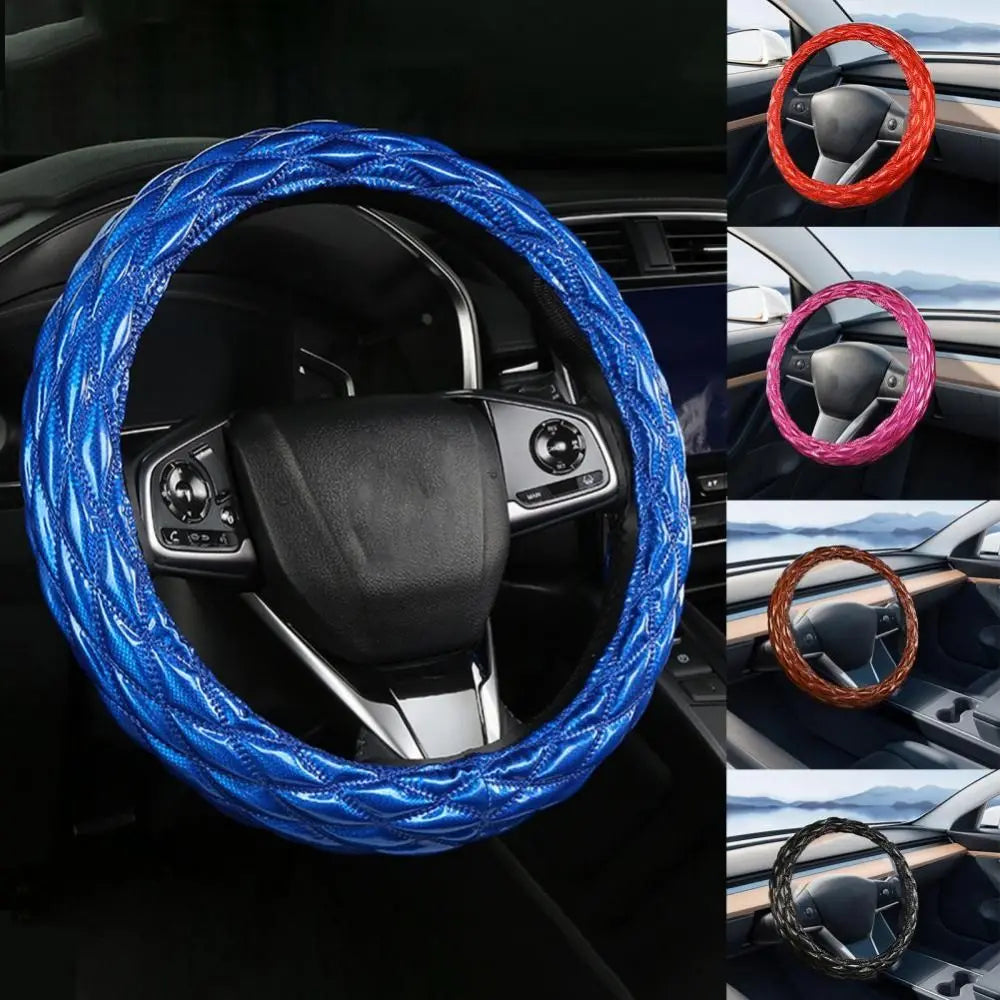 Universal 38cm Steering Wheel Cover – Anti-Slip 3D Rhombus PU Leather Wheel Protector, All-Season Car Interior Accessory - Delicate Leather  