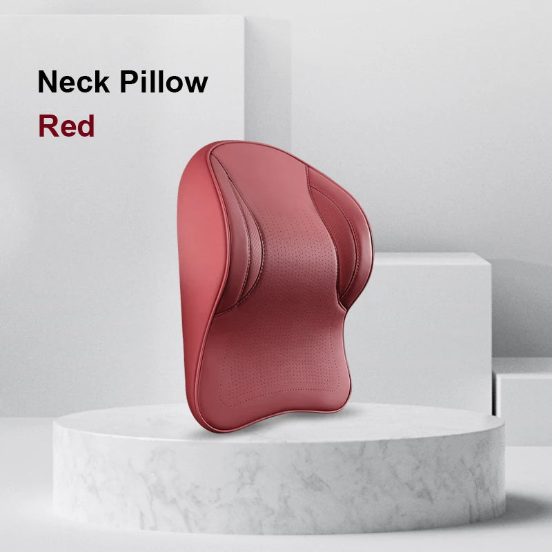 Memory Foam Car Neck Pillow & Lumbar Support Set – Breathable Seat Comfort Cushion - Delicate Leather  