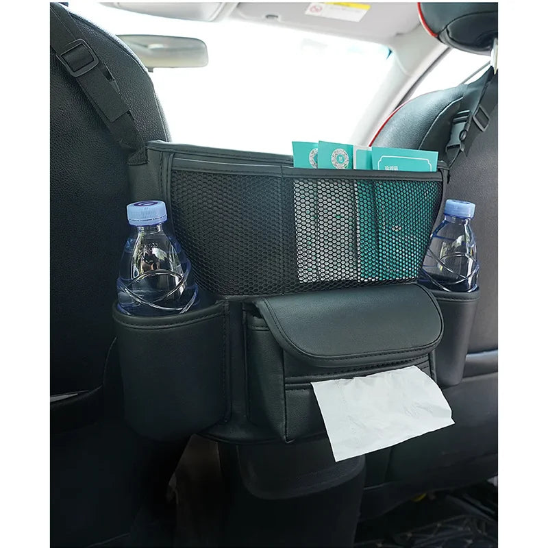 Leather Car Seat Middle Hanger Storage Bag – Luxury Between-Seat Handbag Holder with Tissue & Cup Pockets - Delicate Leather  