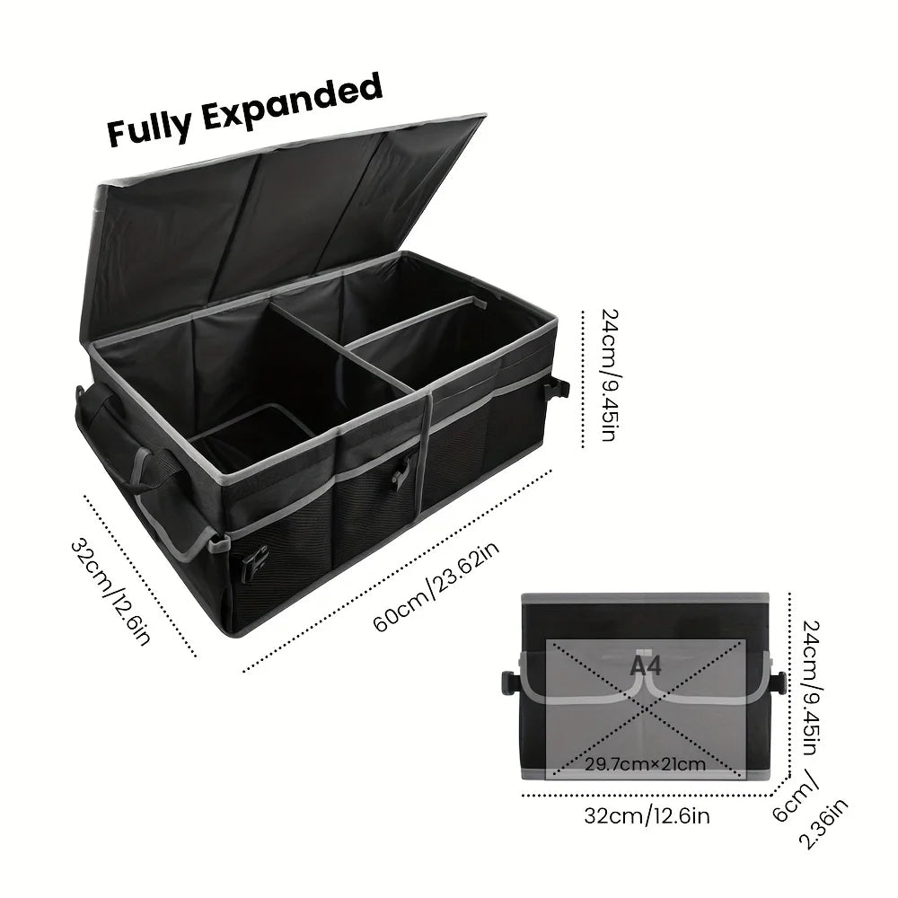 45L Foldable Car Trunk Organizer with Lid – Oxford Fabric Storage Box with Front & Side Pockets - Delicate Leather  