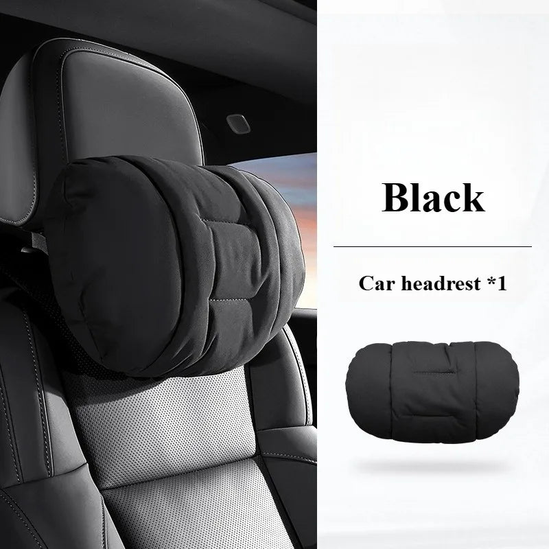 Suede Leather Car Headrest & Lumbar Support Pillow Set – Comfortable Neck and Back Cushions - Delicate Leather  