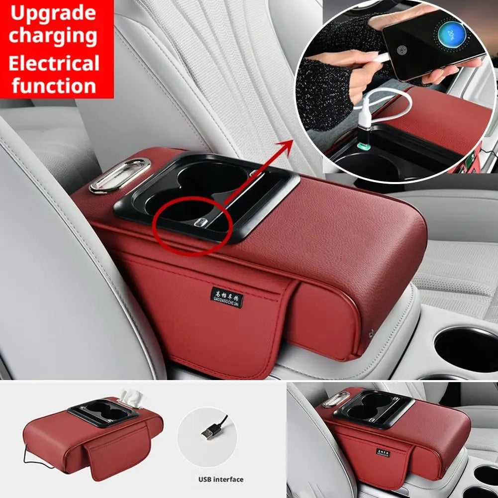 Multi-Functional Car Cup Holder & Armrest Organizer – Center Console Pad with Phone Storage - Delicate Leather  