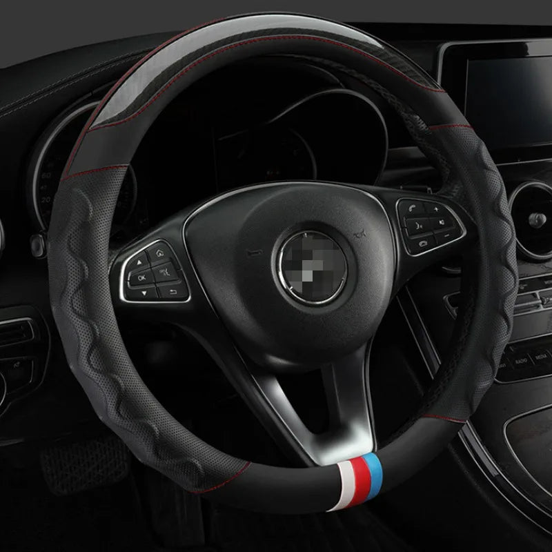 Carbon Fiber Leather Steering Wheel Cover 38 cm – Universal Non-Slip Car Steering Wheel Wrap, 3D Honeycomb Grip, Breathable & Durable - Delicate Leather  