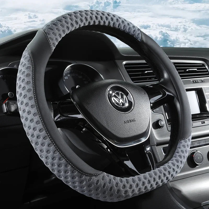 PU Leather Steering Wheel Cover – 3D Cooling Fabric, Non-Slip, O/D Shape, All-Season Comfort - Delicate Leather  