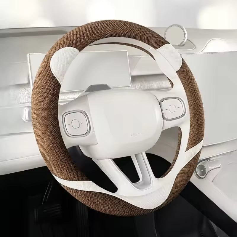 Kawaii Linen Steering Wheel Cover – Cute Bear Ear Universal 38CM Non-Slip Grip - Delicate Leather