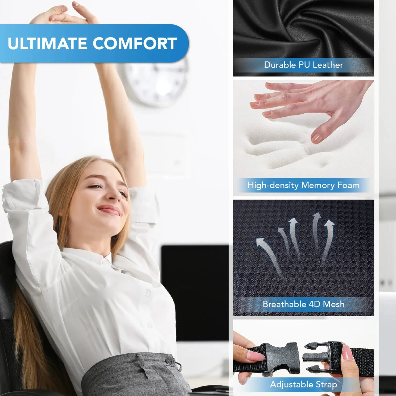 Ergonomic Memory Foam Lumbar Support Pillow – Mesh Back Cushion for Car, Office, and Wheelchair - Delicate Leather  