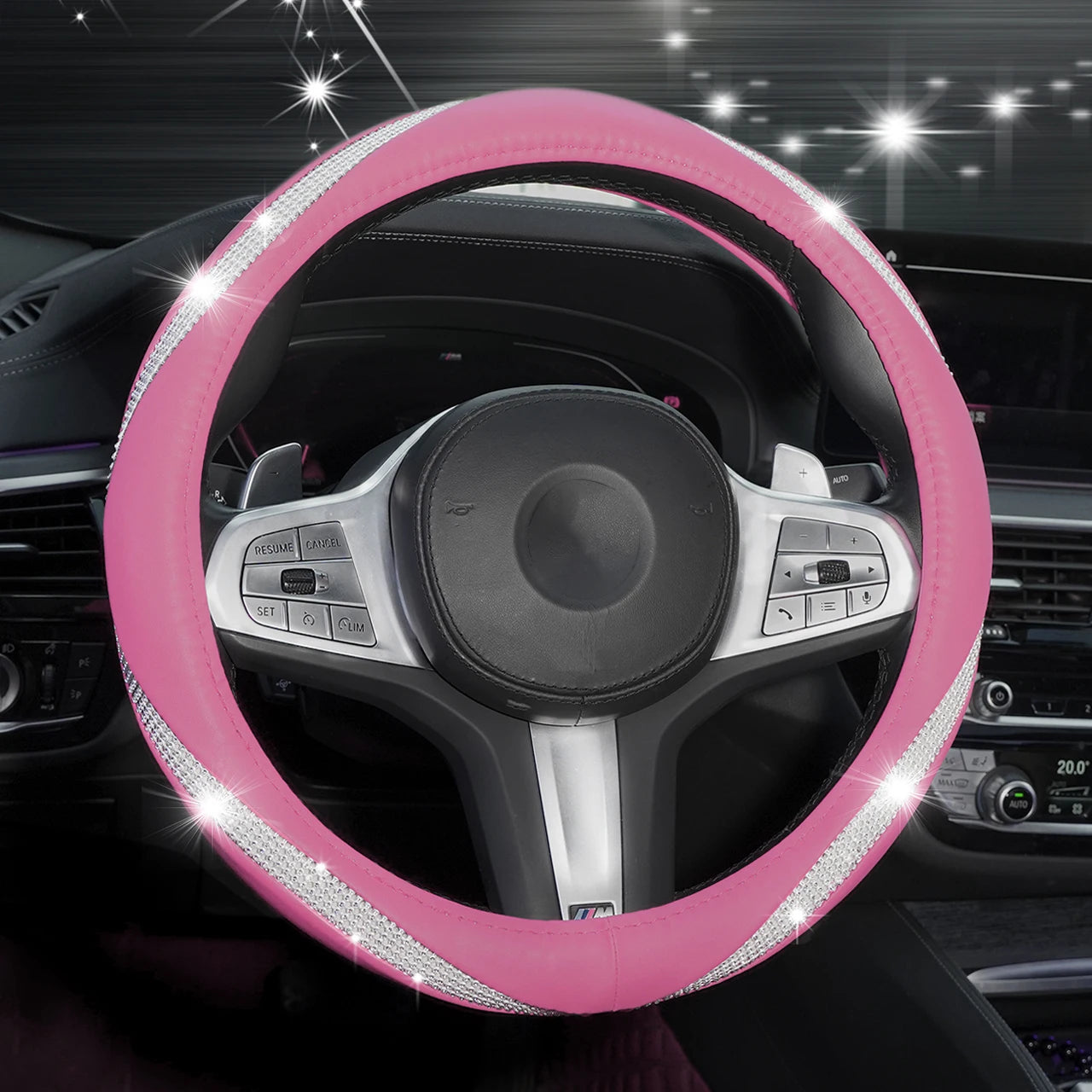 Rhinestone & PU Leather Steering Wheel Cover – Decorative Anti-Slip Grip - Delicate Leather  