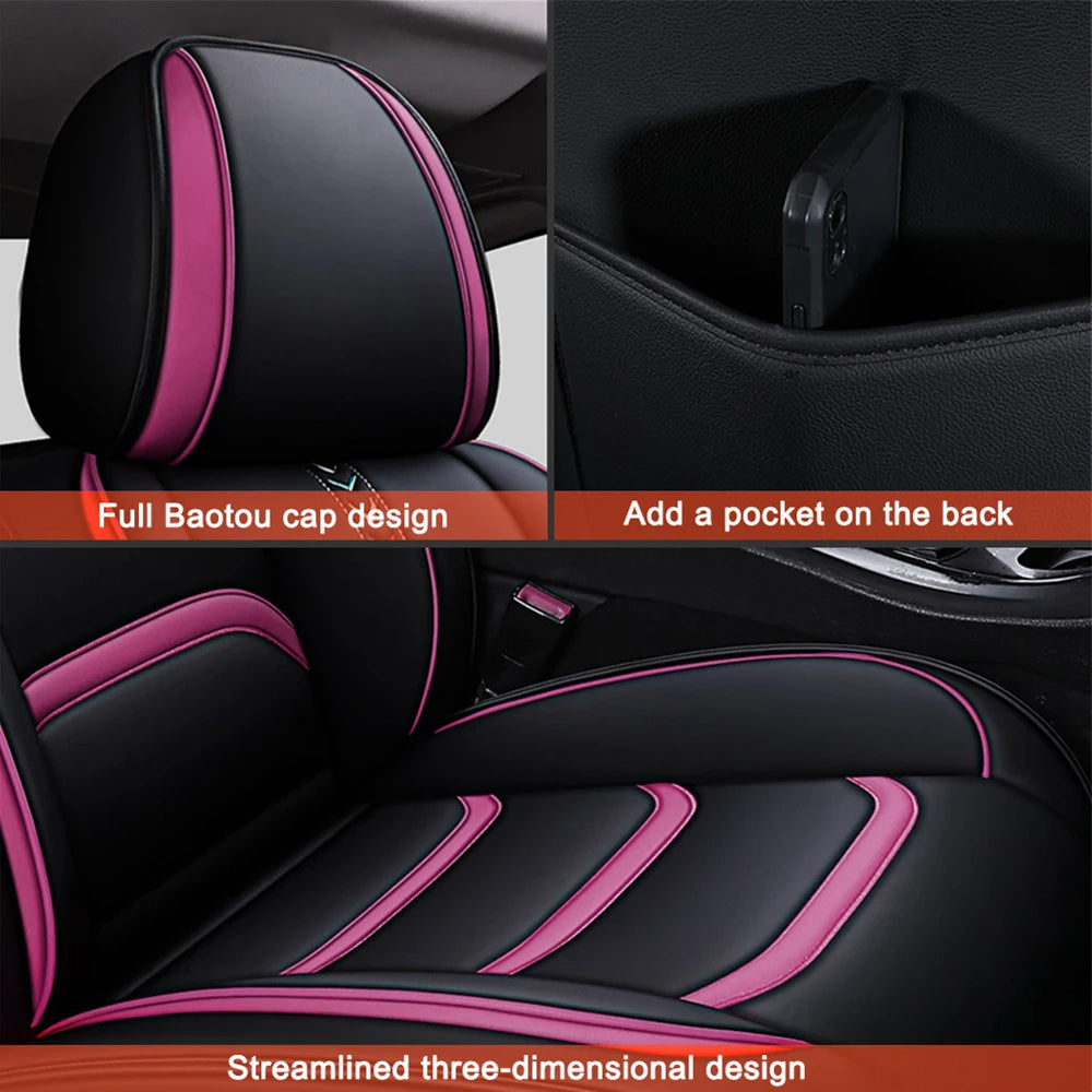 Waterproof Universal Front Seat Covers – Luxurious Black & Pink Design with Headrest and Lumbar Pillow 16