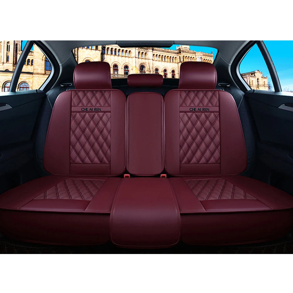 Full Set Waterproof PU Leather Car Seat Covers – Burgundy, High Back for Front and Rear Split Bench