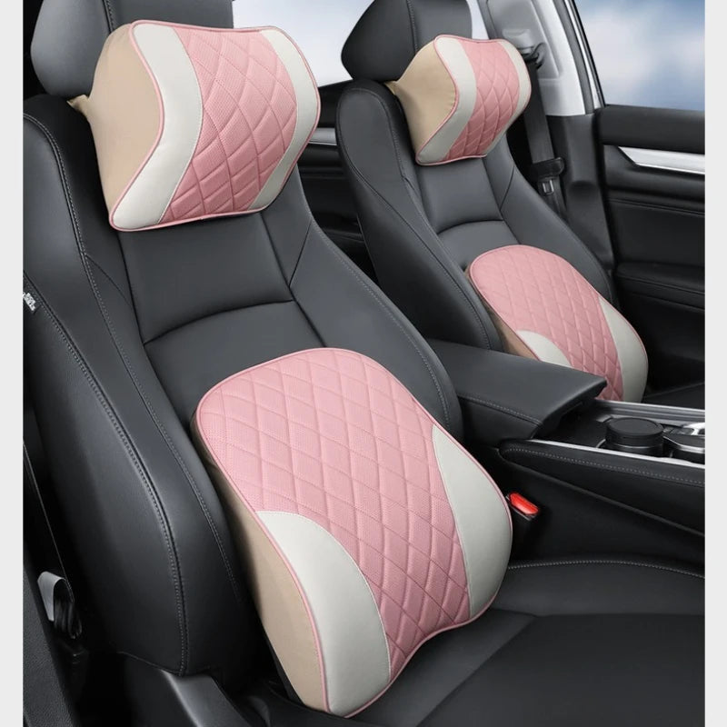 Comfort Nappa Leather Car Headrest & Lumbar Support Set – Soft Memory Foam Neck Pillow & Waist Cushion for Car Seats and Office Chairs - Delicate Leather  