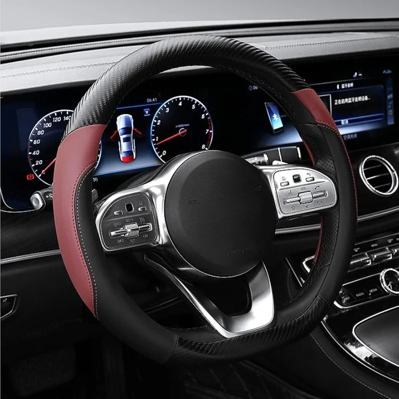 Carbon Fiber Leather Steering Wheel Cover – O/D Shape, Universal Non-Slip Car Accessory - Delicate Leather  