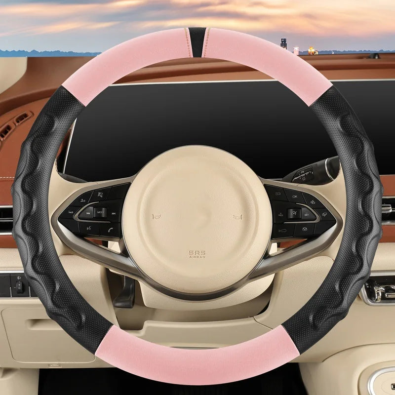 Universal 38cm Steering Wheel Cover – All-Season Non-Slip Faux Leather with 3D Corrugated Grip, Wear-Resistant Car Handle Cover - Delicate Leather  