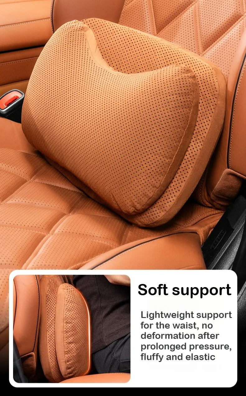 Suede Car Headrest Pillow & Lumbar Cushion – Luxury Nappa Leather Neck & Waist Pillow, Memory Foam Seat Accessories, Universal All Seasons - Delicate Leather  