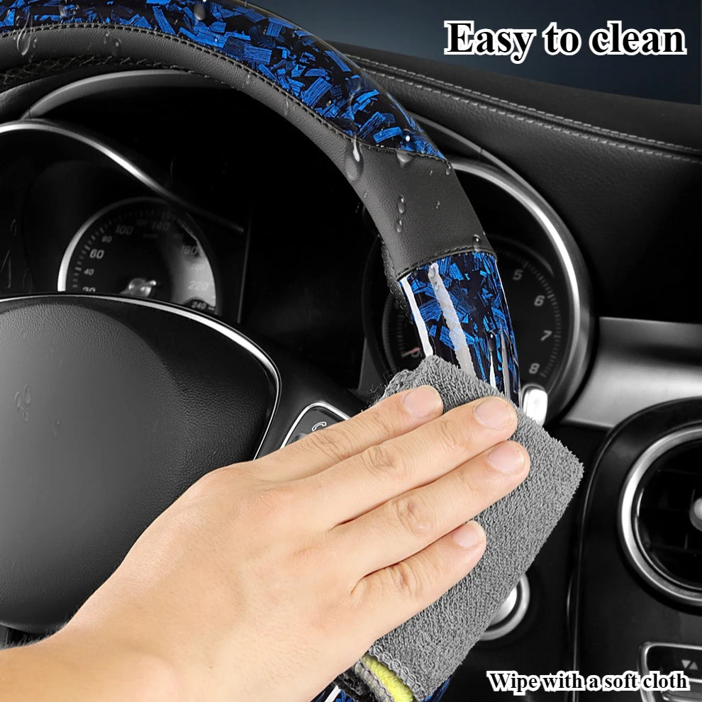 Crystal Carbon Fiber & Leather Steering Wheel Cover 15 Inch – Anti-Slip Rubber Grip, All-Season Universal Fit - Delicate Leather  