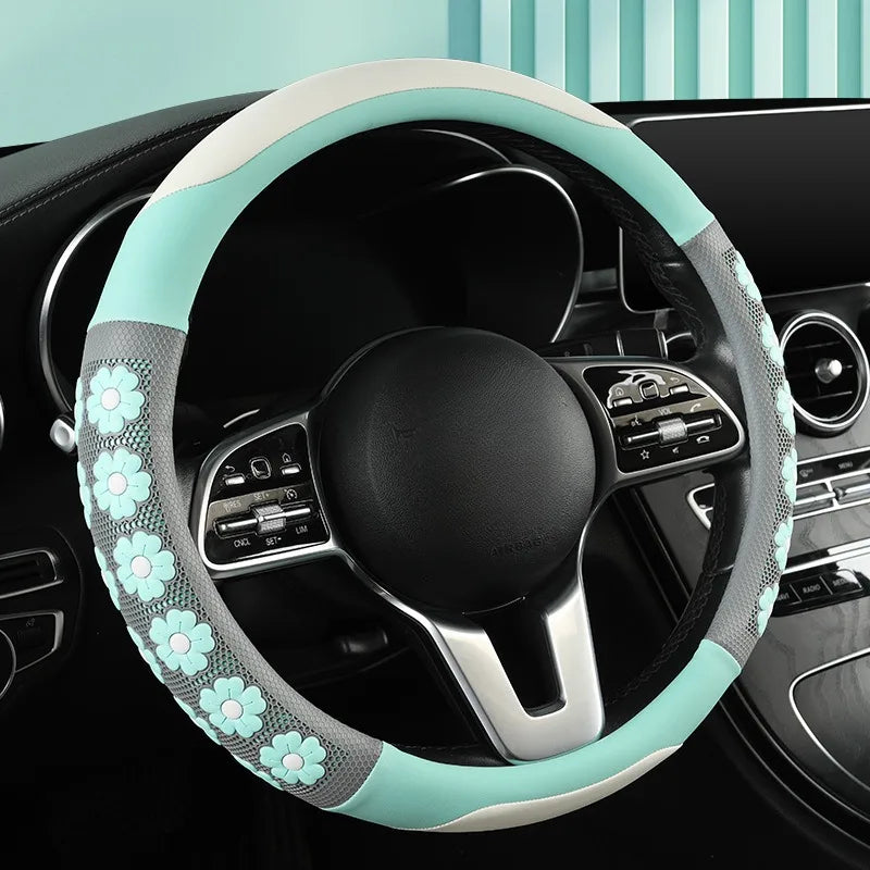 Cute Flower Design Car Steering Wheel Cover for Women - Universal Non-Slip Handle Cover - Nappa Leather & Silicone Car Accessories - Delicate Leather  