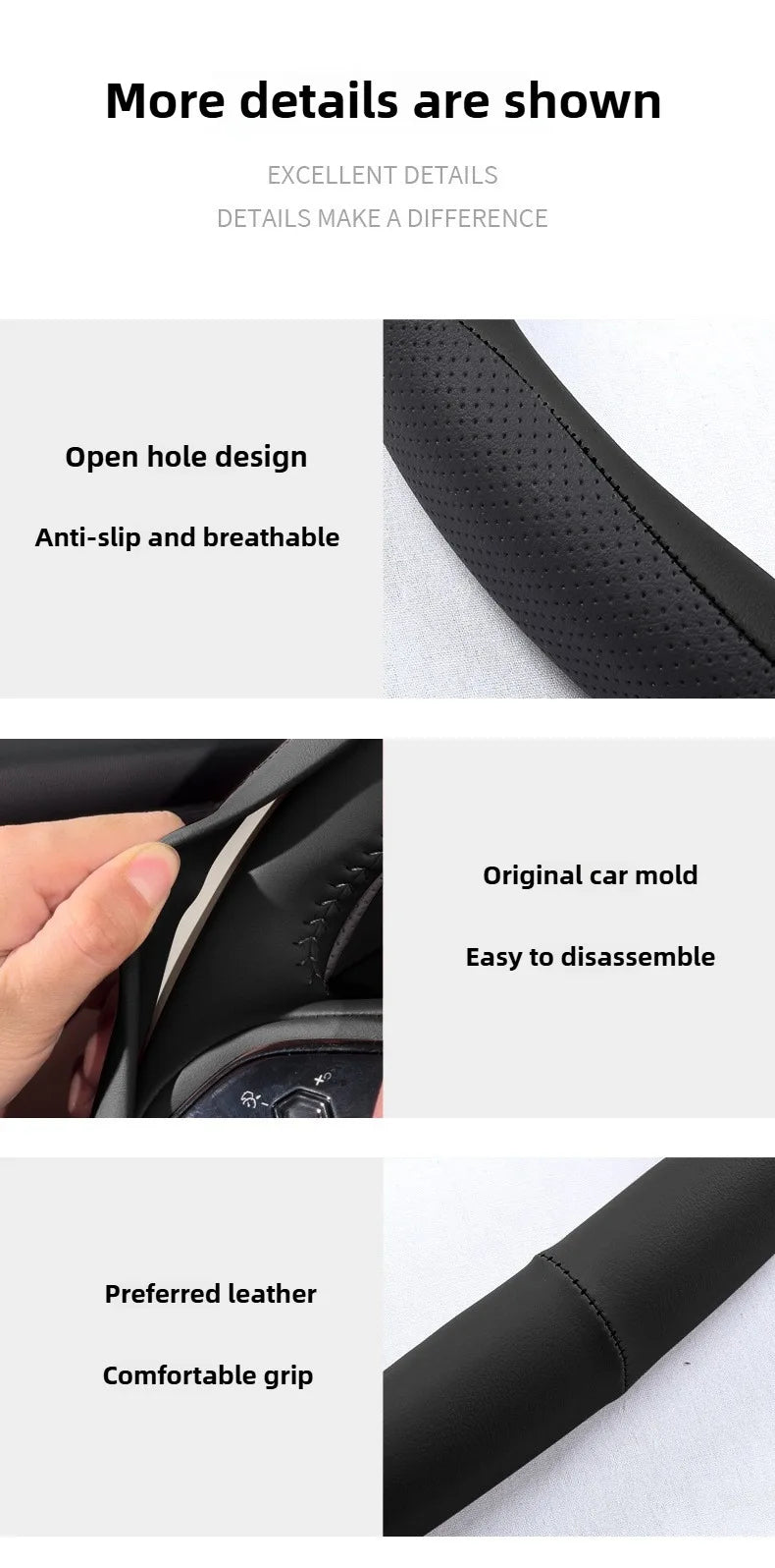 Leather Steering Wheel Cover – Non-Slip 38cm Universal Interior Accessory - Delicate Leather  