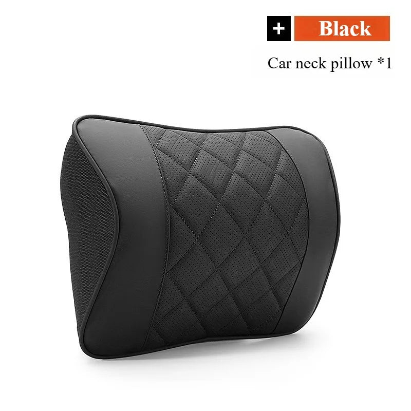 Nappa Leather Car Headrest & Lumbar Support Set – Memory Foam Neck and Waist Cushion - Delicate Leather  