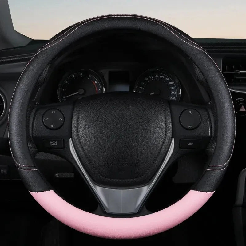 PU Leather Splicing Steering Wheel Cover – Anti-Slip, Wear-Resistant, Four-Season Universal Fit - Delicate Leather  