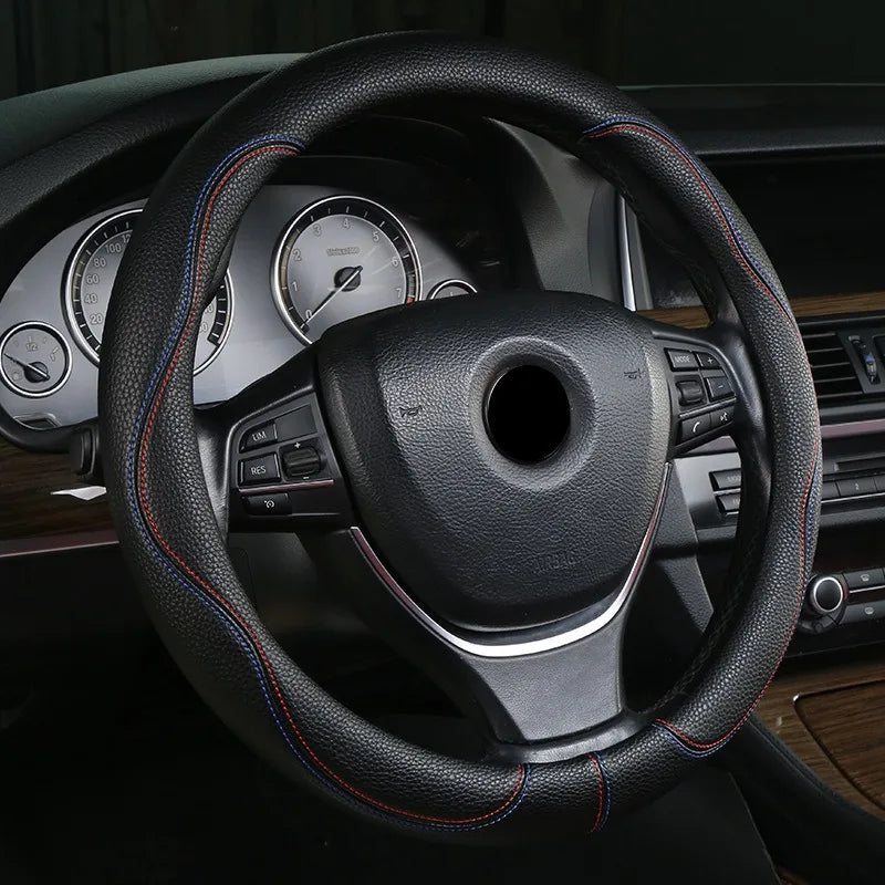 PU Leather Steering Wheel Cover – Anti-Slip 15 Inch Universal Round Interior Accessory - Delicate Leather  