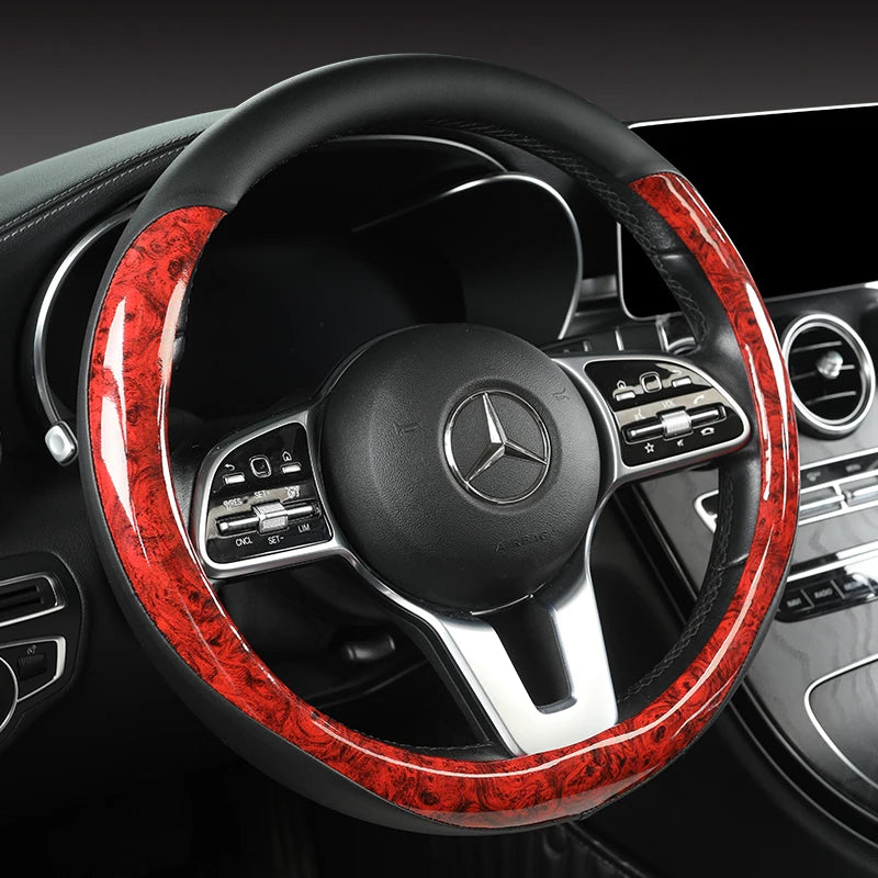 Anti-Slip Leather Steering Wheel Cover – Universal 38cm O/D Shape Interior Accessory - Delicate Leather  
