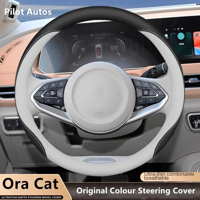 Original Colour Leather Steering Wheel Cover – Breathable Nappa Leather Protector, Custom Fit for ORA CAT / GWM ORA 03 Funky Cat - Delicate Leather  