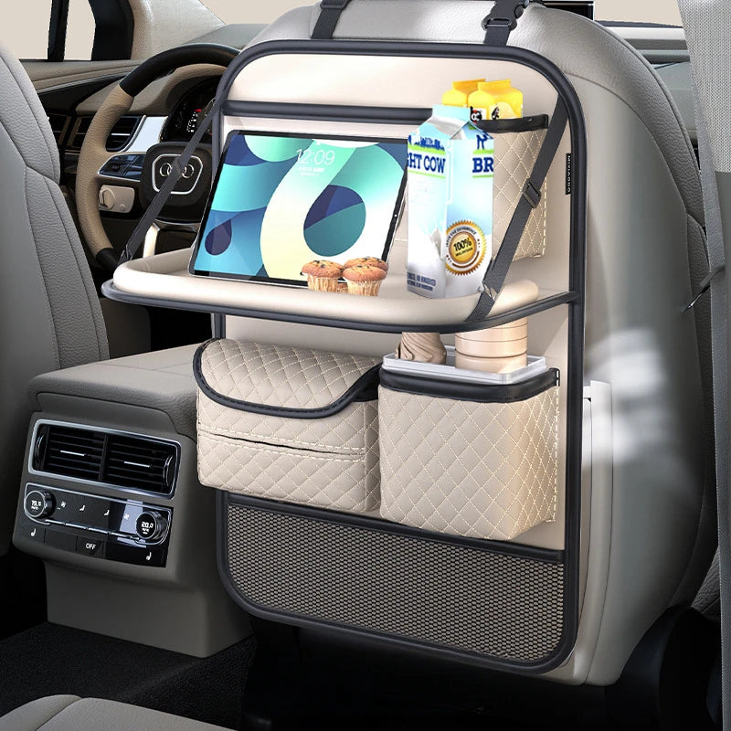 Car Seat Back Storage Organizer with Foldable Table – PU Leather Backseat Hanging Organizer with Phone & Tissue Holder - Delicate Leather  