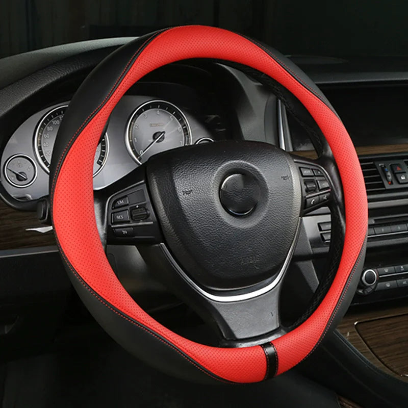 Leather Car Steering Wheel Cover Universal Fit 36cm 38cm 39cm – Anti-Slip Interior Steering Protector - Delicate Leather  
