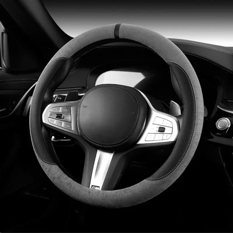Trendy Four-Season Suede Steering Wheel Cover – Universal Non-Slip Handle Grip, Sporty D-Type Car Steering Wheel Protector - Delicate Leather  