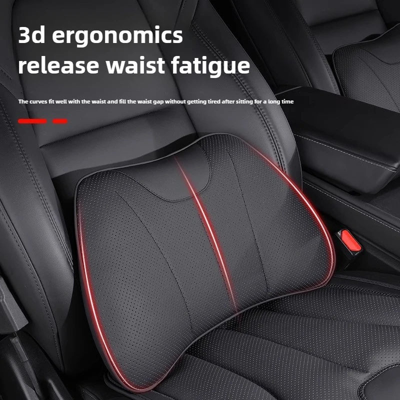 Car Neck Pillow & Lumbar Support – Universal Memory Foam Cushion with Nappa Leather Cover, Ergonomic Vehicle Back Support - Delicate Leather  