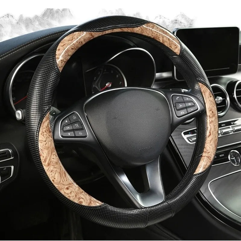 Wood Grain Leather Steering Wheel Cover – Universal 37–38CM Non-Slip O/D Shape Grip - Delicate Leather