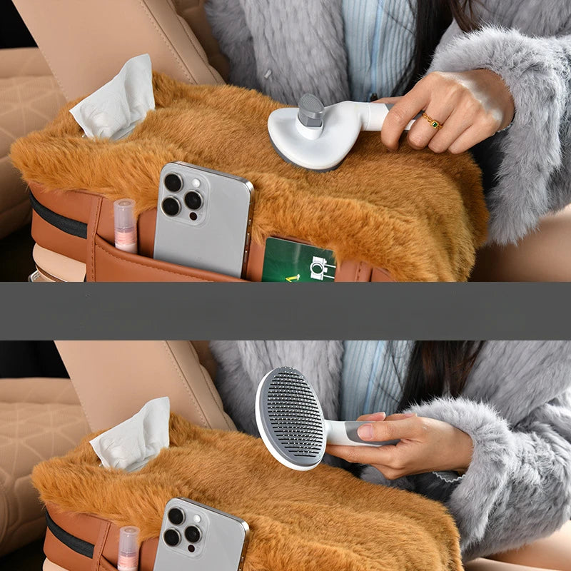 Plush Car Armrest Cushion with Tissue Box – Winter Fluffy Center Console Cover - Delicate Leather  