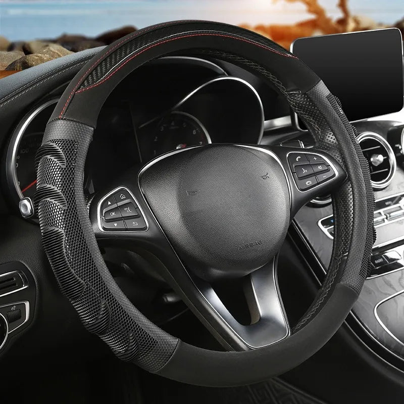 Carbon Fiber Leather Steering Wheel Cover – Silicone Honeycomb Grip, Universal Fit 37–38 cm - Delicate Leather  