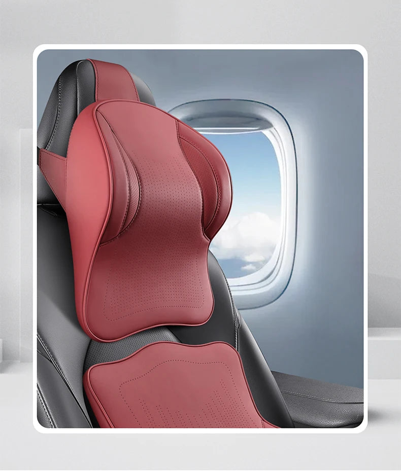 Memory Foam Car Neck Pillow & Lumbar Support Set – Breathable Seat Comfort Cushion - Delicate Leather  