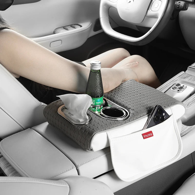 Weaving Leather Car Armrest Organizer – Center Console Cover with Cup Holders - Delicate Leather  