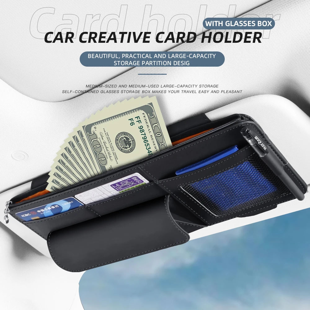 Car Sun Visor Organizer – PU Leather Storage with Glasses Holder, Card & Pen Slots - Delicate Leather  