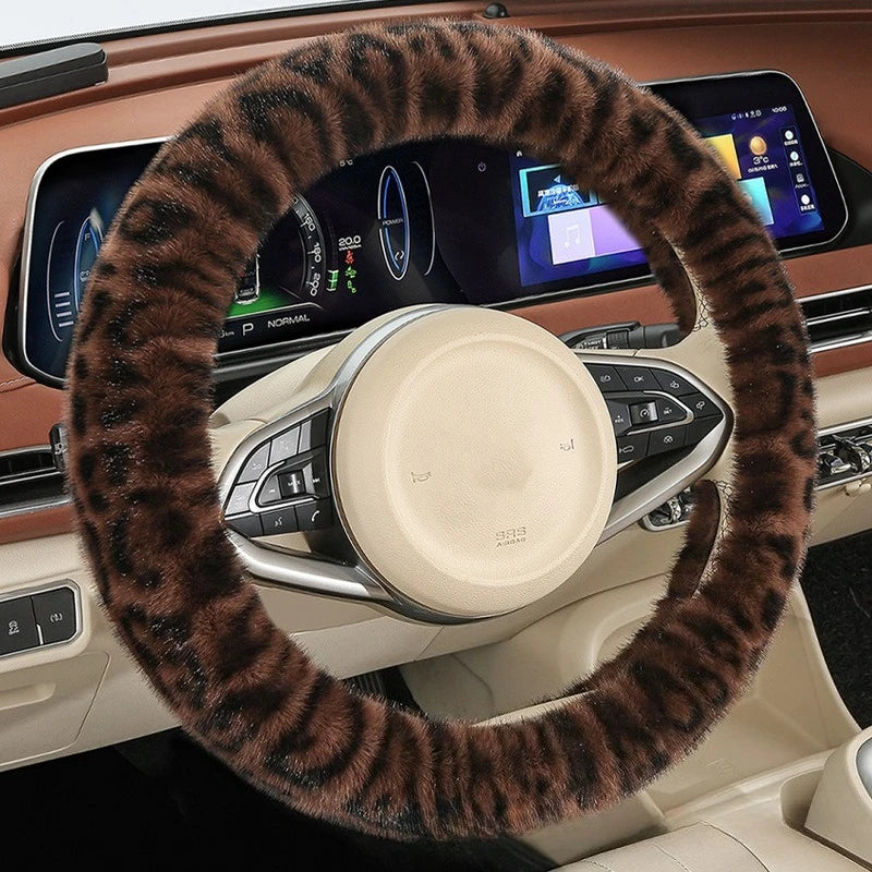 Universal Plush Leopard Print Steering Wheel Cover – Warm Winter Non-Slip Soft Handle Cover for Car Interior - Delicate Leather  