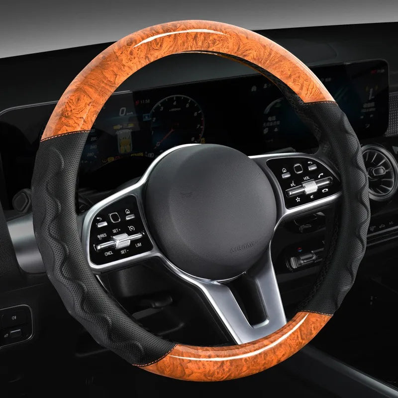 Wood Grain Steering Wheel Cover – Leather-Style Anti-Slip Universal Grip - Delicate Leather  