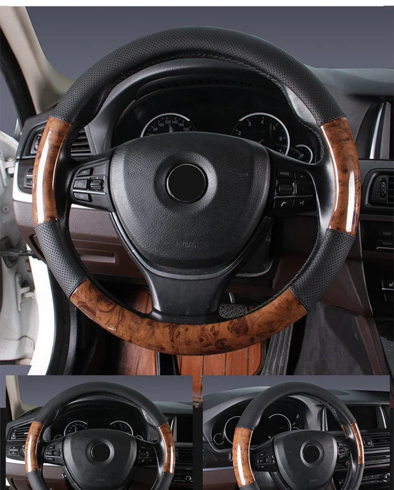 Wood Grain Steering Wheel Cover – PU Leather Anti-Slip Breathable 38cm Universal Fit - Delicate Leather  